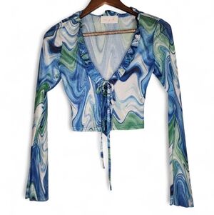 Mesh Crop Tie Top by New Pink in Blue Marble Swirl Size S
